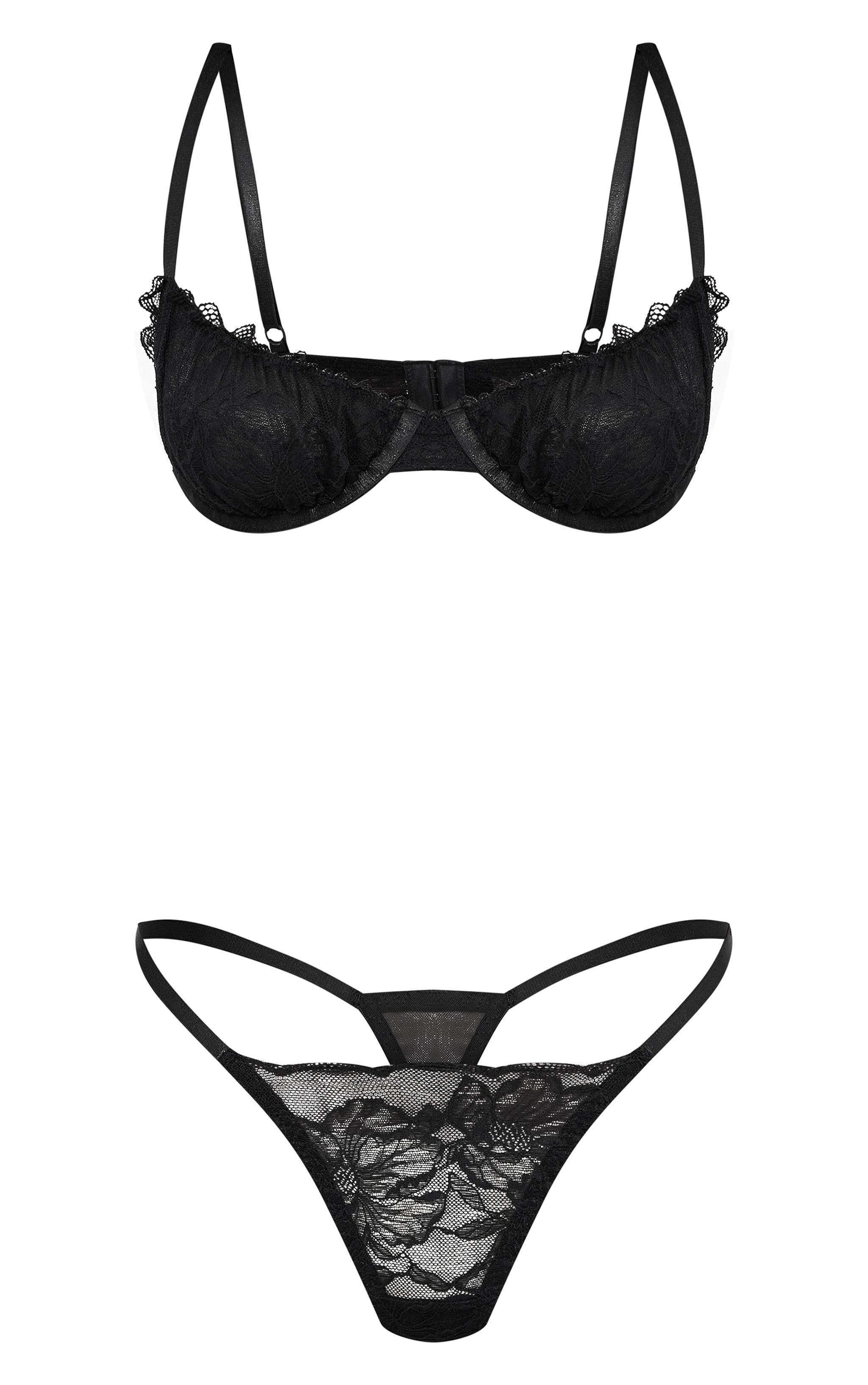 Black Lace Ruched Bust Lingerie Set Product Image