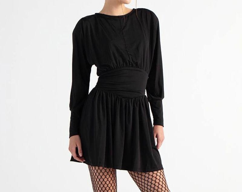 Long-Sleeve Crew Neck Plain Ruched Mini A-Line Dress Product Image