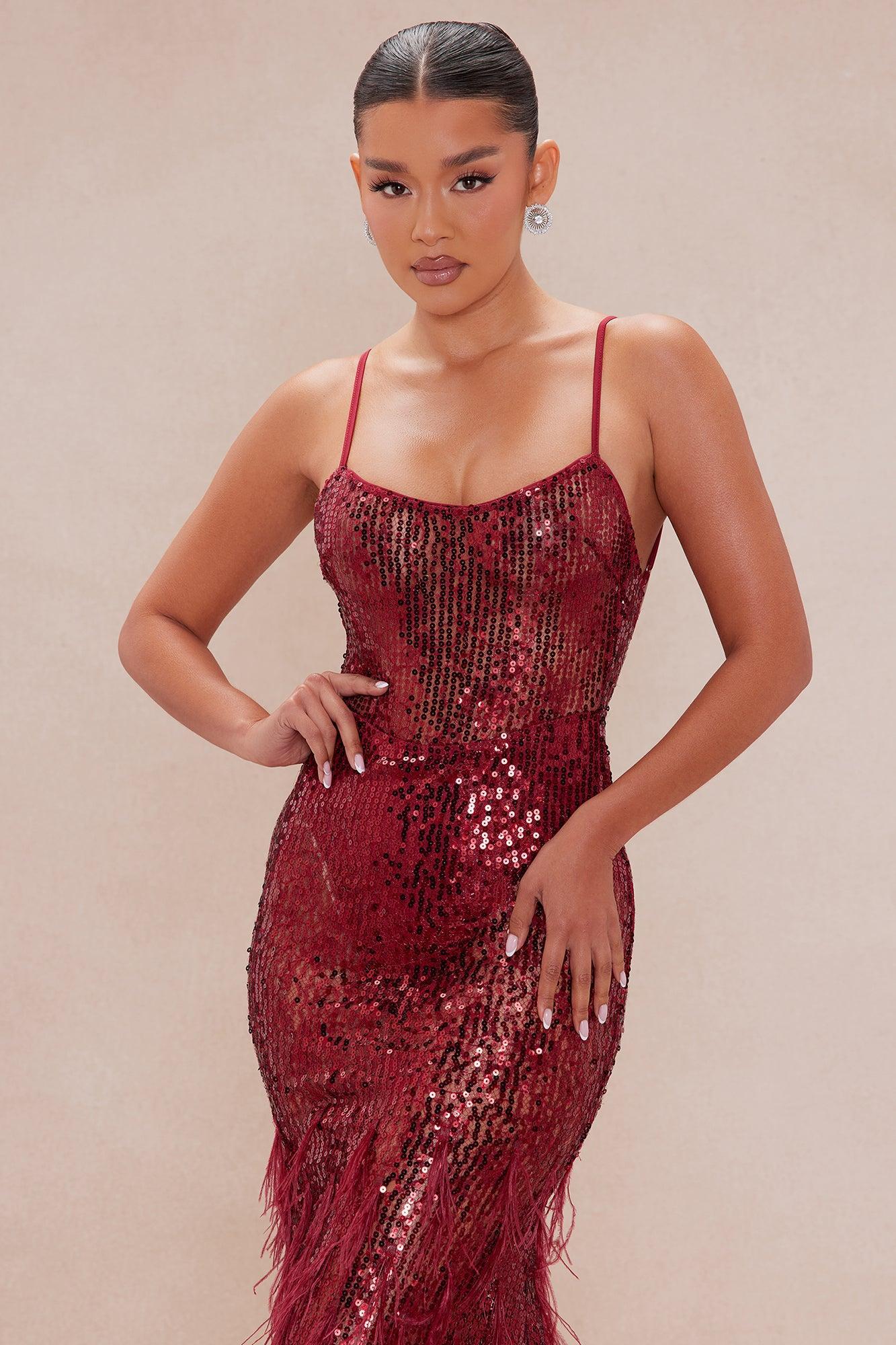 Samantha Embellished Sheer Maxi Dress - Burgundy Product Image