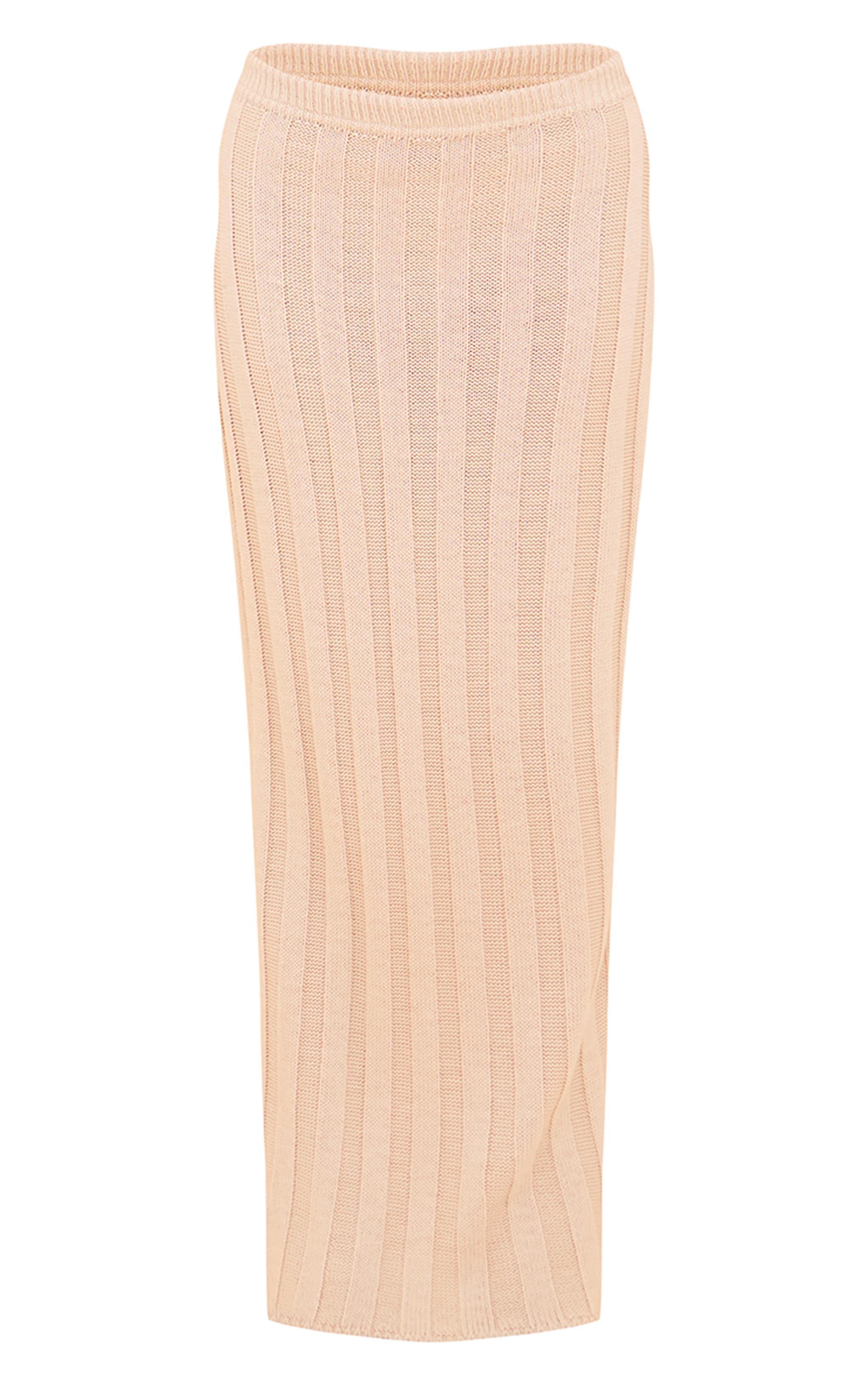 Oatmeal Wide Rib Textured Knit Maxi Skirt Product Image