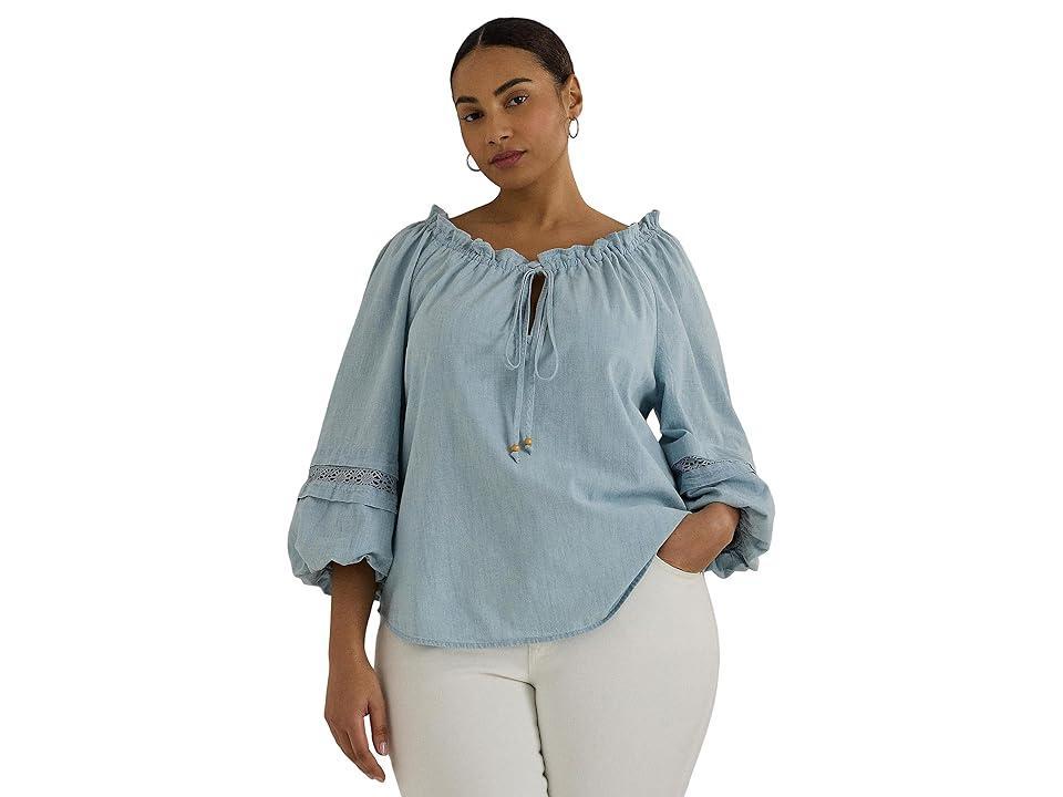 LAUREN Ralph Lauren Plus-Size Lace-Trim Chambray Tie-Neck Blouse (Medium Chambray Wash) Women's Clothing Product Image