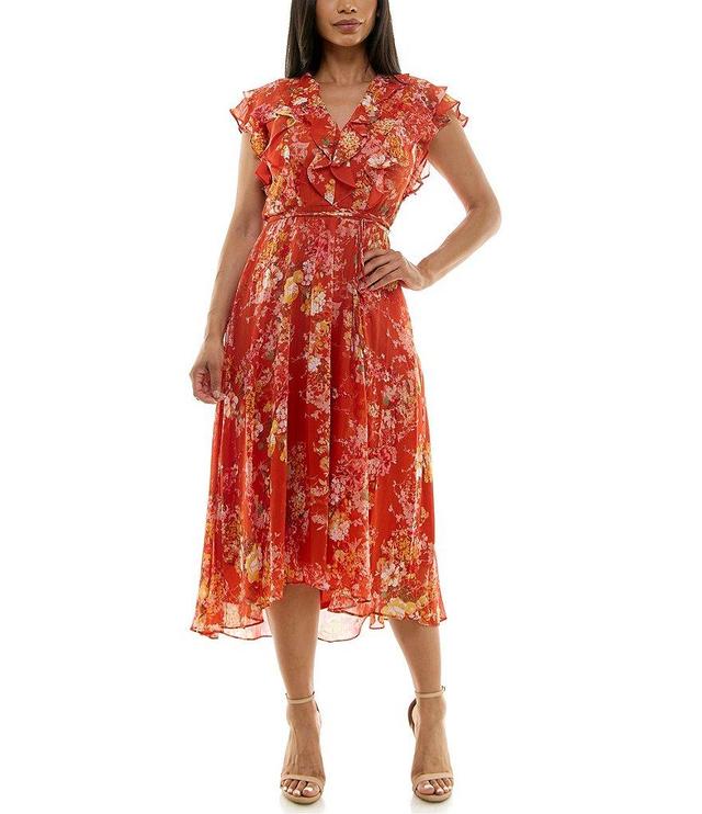 Maison Tara Shot Flutter Sleeve Ruffle V-Neck Tie Waist Floral Midi Dress Product Image