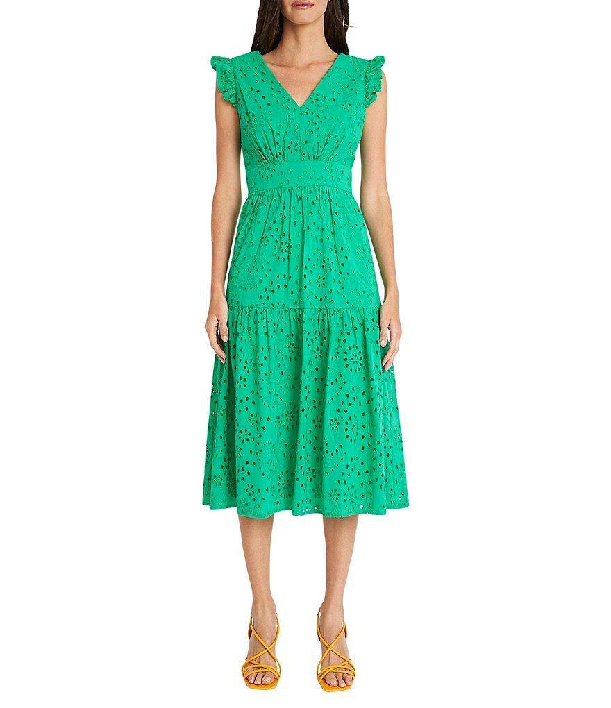 Maggy London Eyelet Ruffle Cap Sleeve Tiered Hem V-Neck Midi Dress Product Image