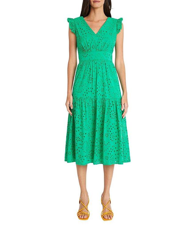 Maggy London Eyelet Ruffle Cap Sleeve Tiered Hem V-Neck Midi Dress Product Image