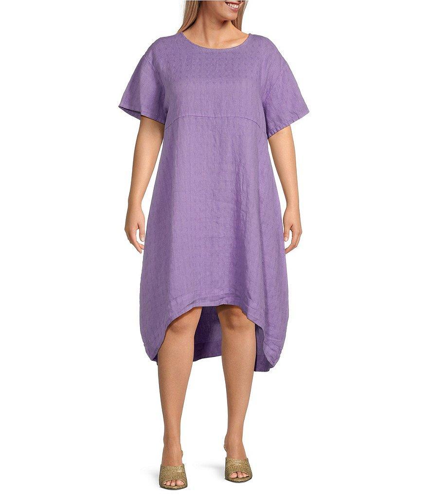 Bryn Walker Plus Size Marina Light Linen Short Sleeve Scoop Neck High-Low Pocketed Shift Dress Product Image