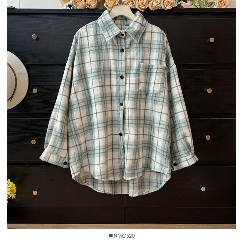 Oversized Dip-Back Plaid Wool Shirt Product Image