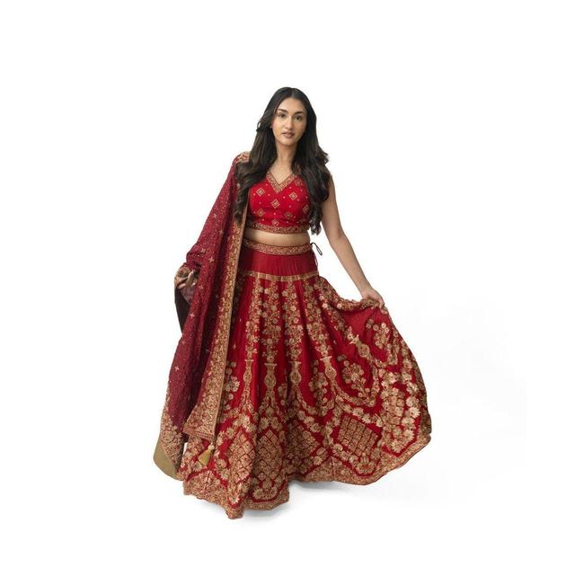 Raas Womens Red Hand Embroidered Bridal Lehenga Choli Set Product Image