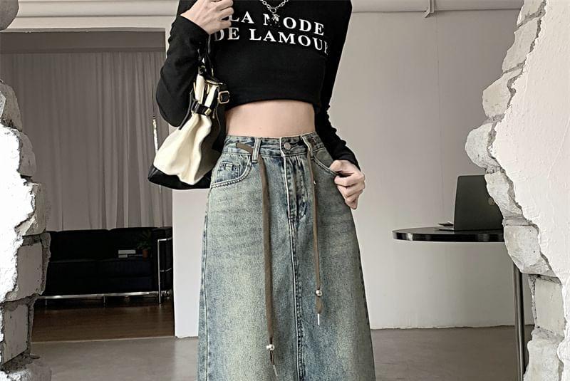 High Waist Washed Slit Midi A-Line Denim Skirt Product Image