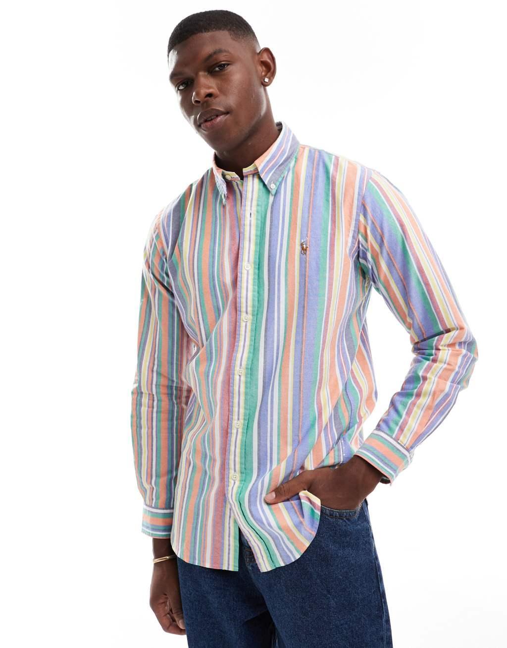 Polo Ralph Lauren icon logo multi stripe oxford shirt in orange/green Product Image