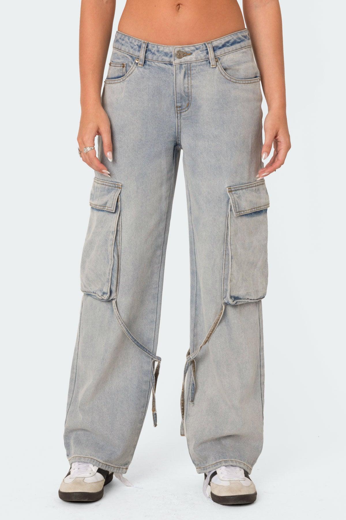 Via Low Rise Washed Denim Cargo Pants Product Image