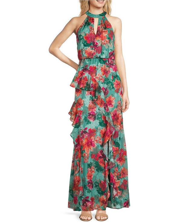 Adrianna Papell Floral Halter Keyhole Neck Sleeveless Blouson Gown Product Image