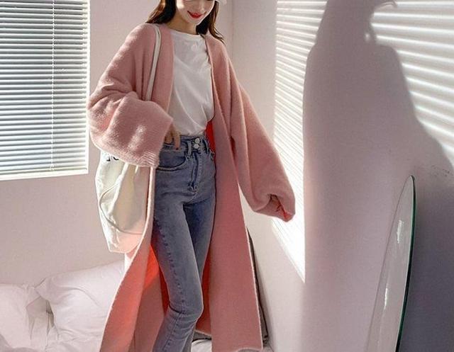 Plain Open Front Long Cardigan Product Image