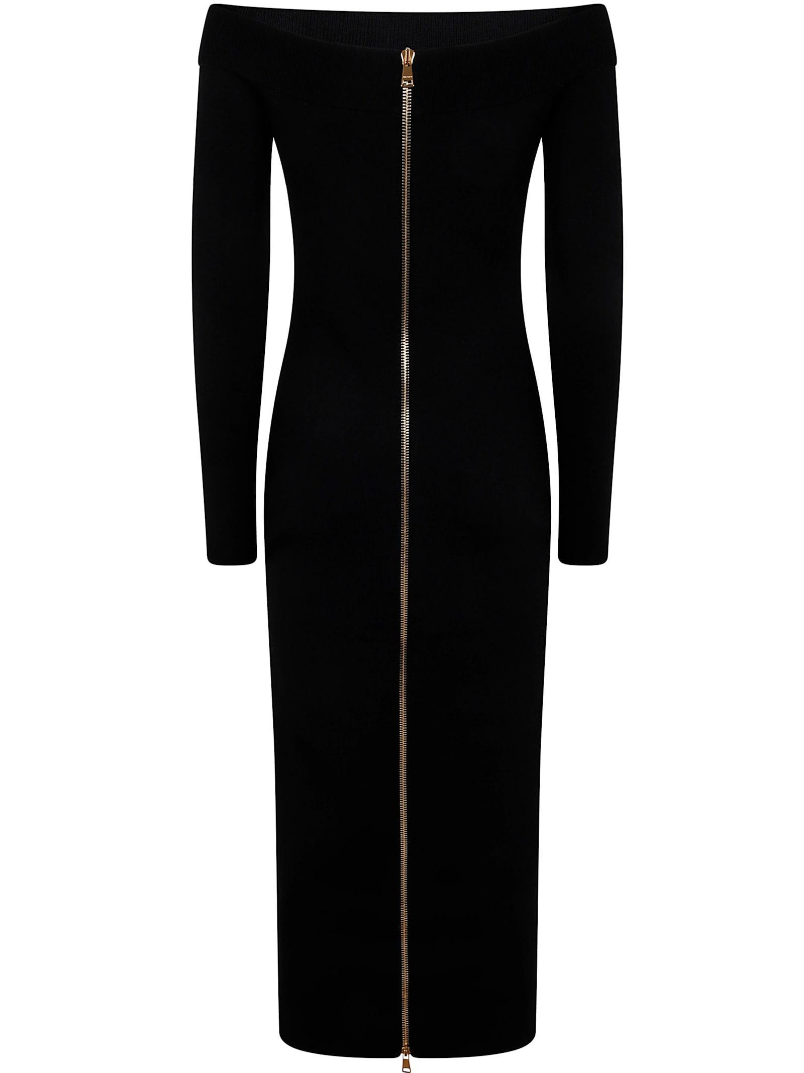 BALMAIN Ls Double Collar Knit Zipped Midi Dress Clothing In Black Product Image