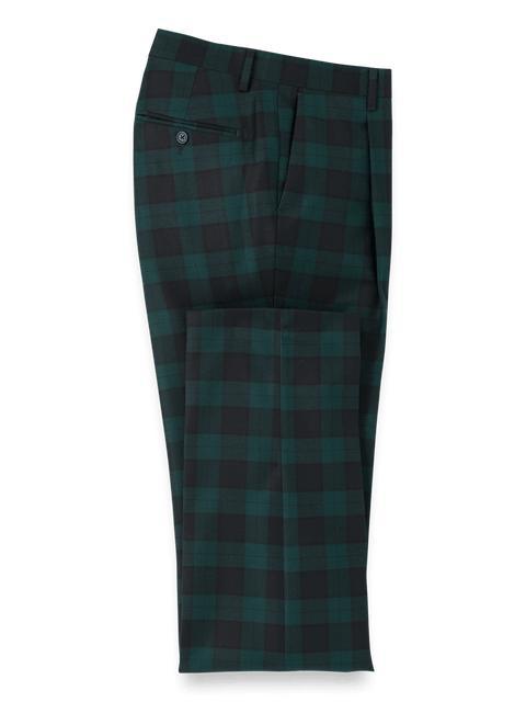 Wool Flannel Plaid Single Pleat Pants - Green/navy Product Image