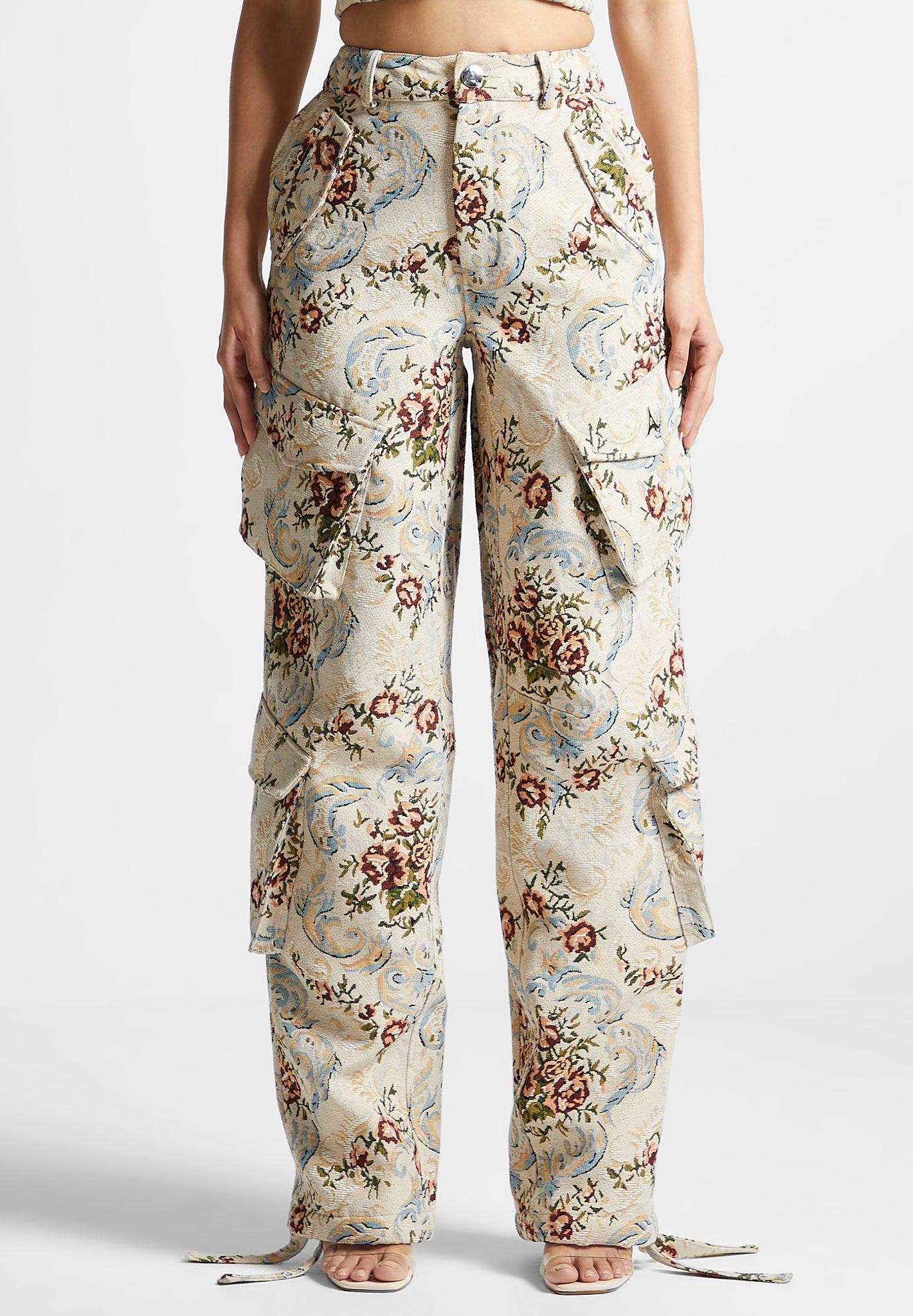 Floral Jacquard High Waisted Cargo Pants - Beige Female Product Image