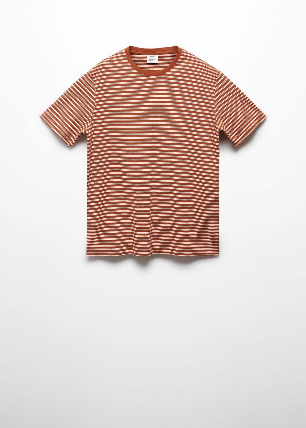 MANGO MAN - Striped cotton linen-blend T-shirt burnt orangeMen Product Image