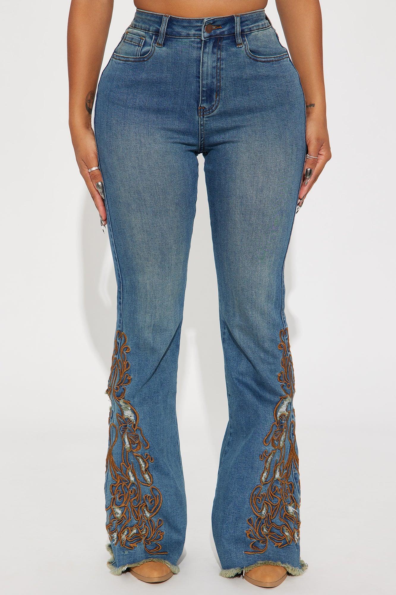 Glow Up Embroidered Stretch Flare Jeans - Medium Wash Product Image