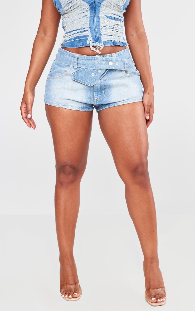 Shape Light Blue Denim Belted Low Rise Shorts Product Image