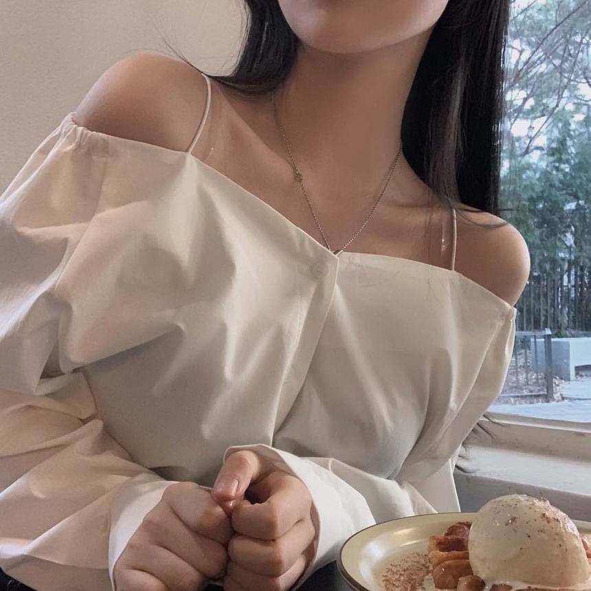 Long Sleeve Cold Shoulder Plain Blouse Product Image