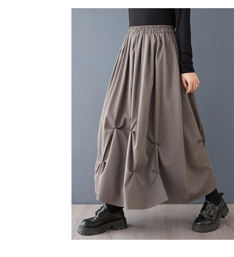 Elastic Waist Plain Ruched Maxi A-Line Skirt Product Image