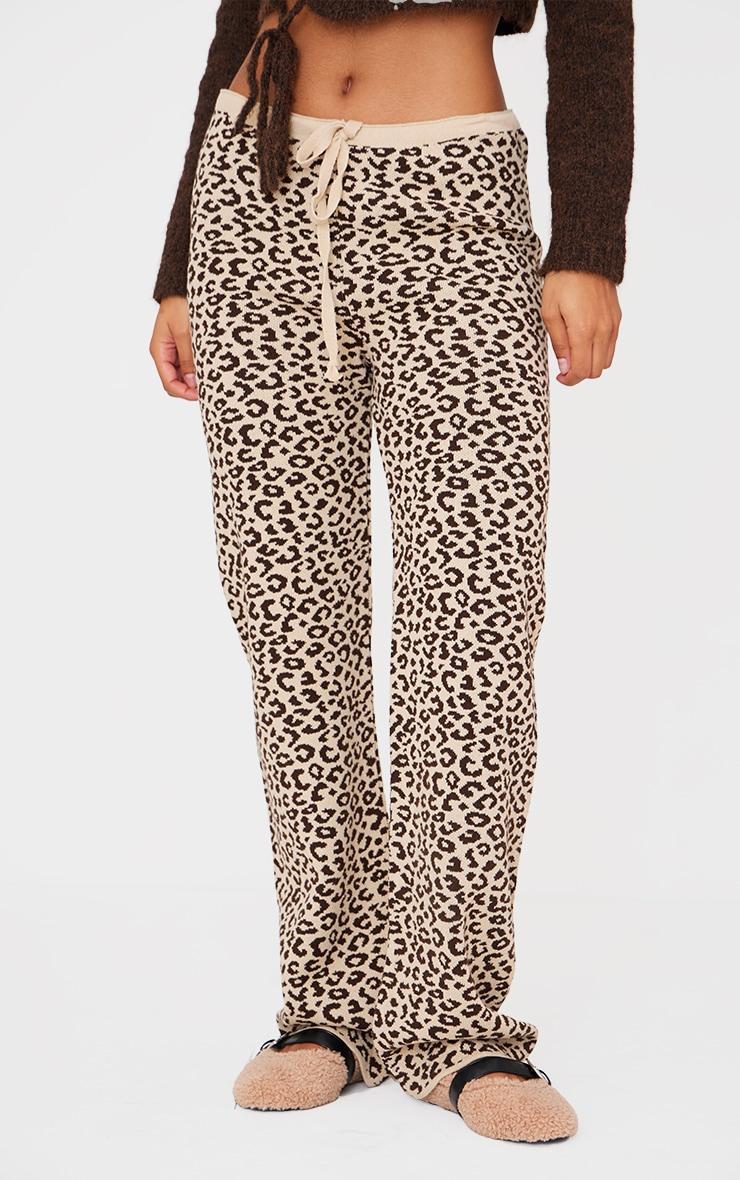 Brown Leopard Print Wide Leg Knitted Pants Product Image