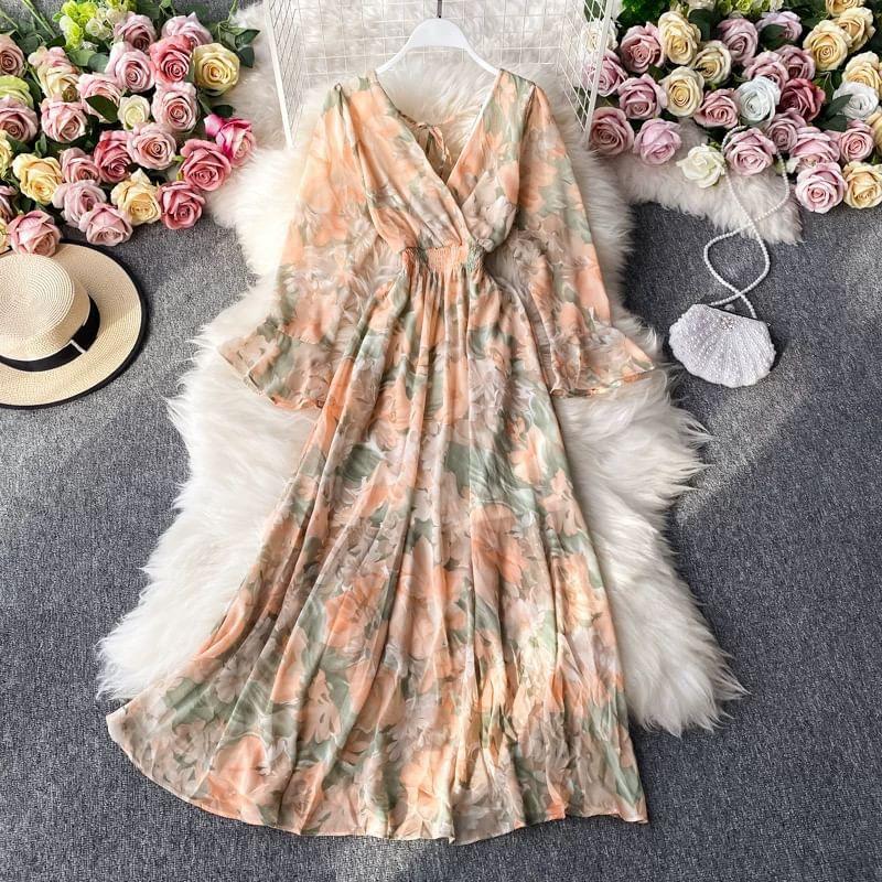 Flared-Sleeve V-Neck Floral Maxi A-Line Dress Product Image