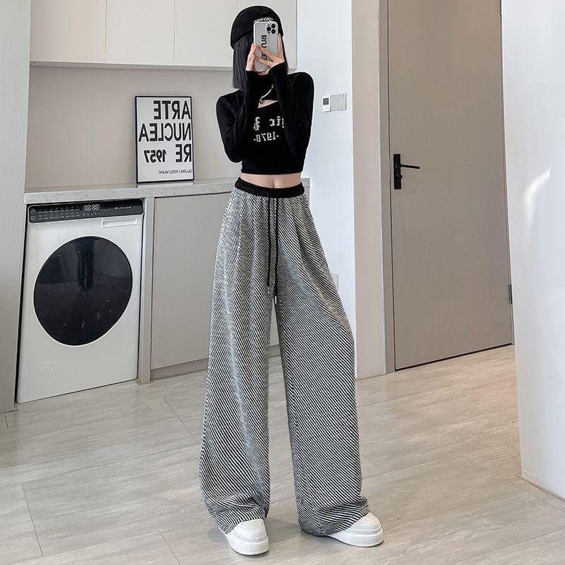 Drawstring Waist Striped Contrast Trim Wide Leg Pants Product Image