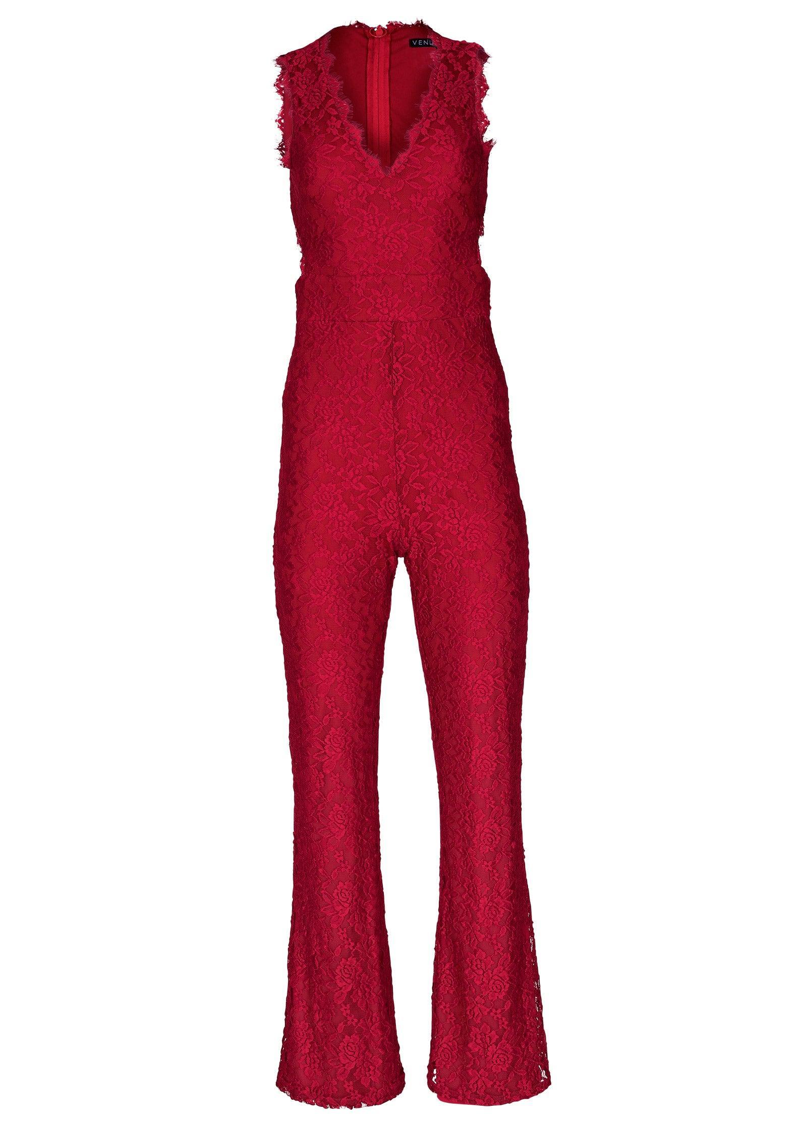 Open Back Lace Jumpsuit - Red Product Image