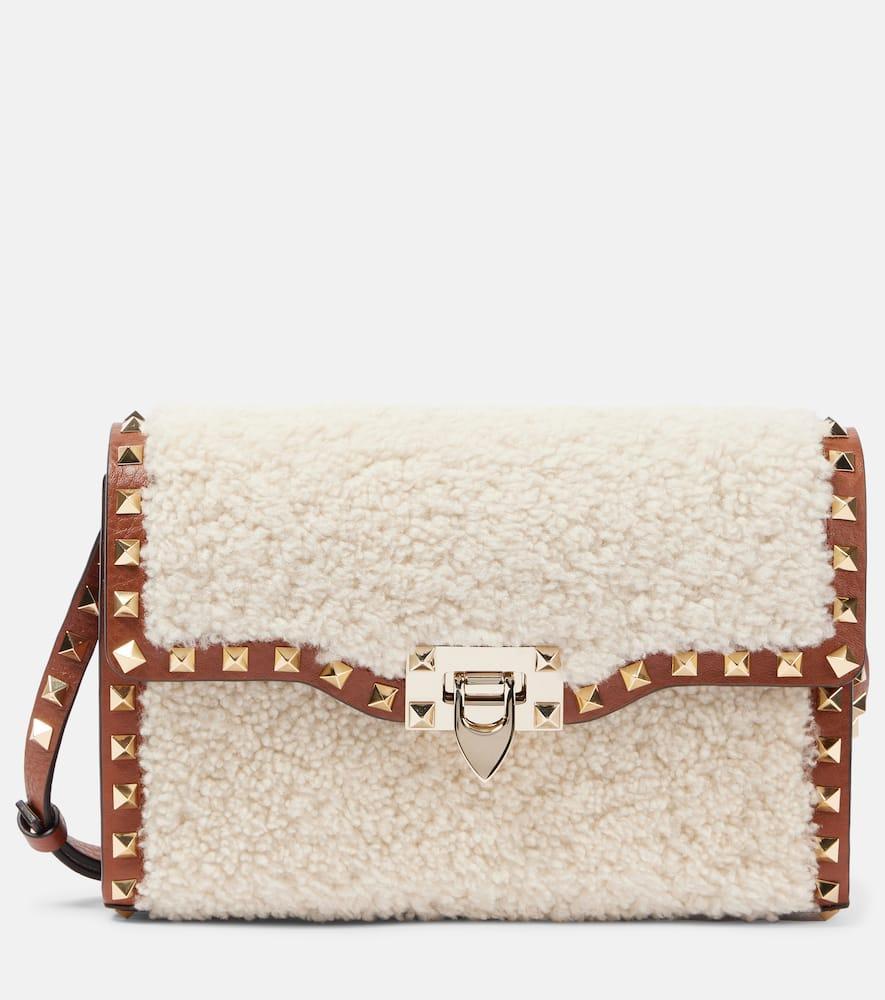 VALENTINO GARAVANI Rockstud Small Shearling Shoulder Bag In Neutrals Product Image