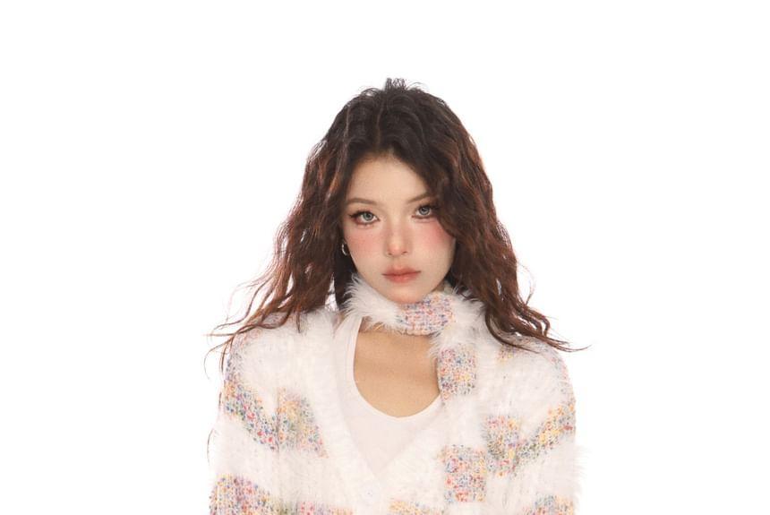 Set: V-Neck Striped Fluffy Sweater + Scarf Product Image