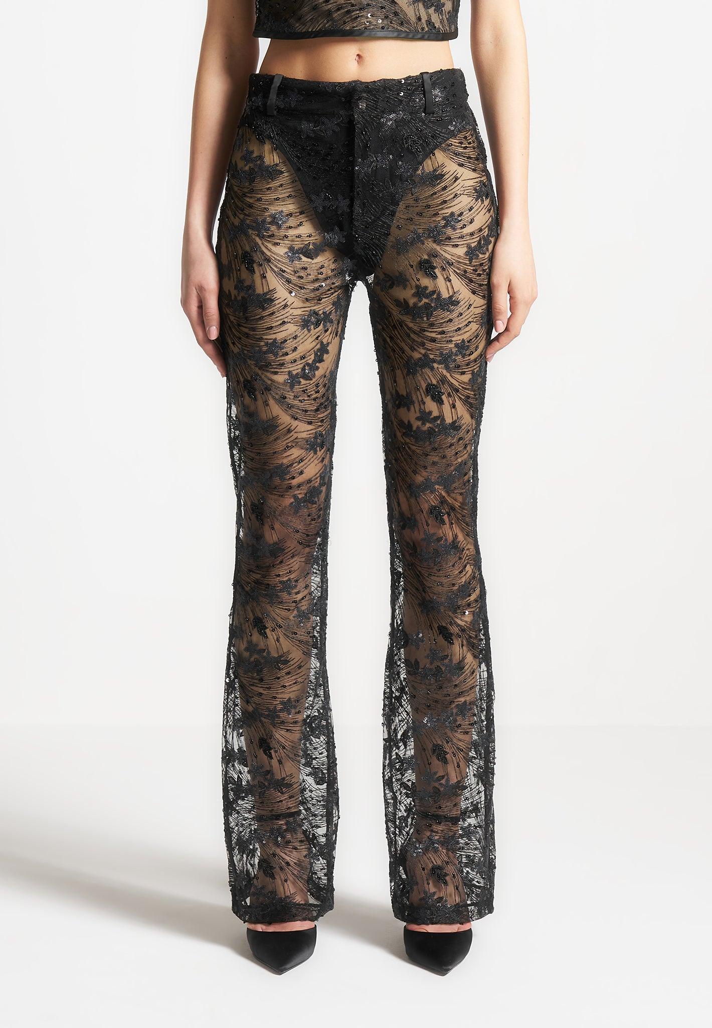 Embellished Lace Fit and Flare Trousers - Black Female Product Image