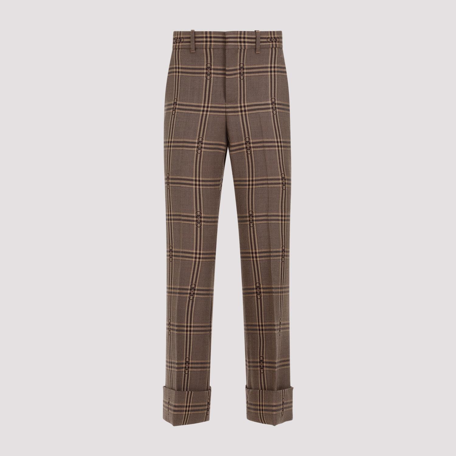 Horsebit Check Wool Trousers In Brown Product Image