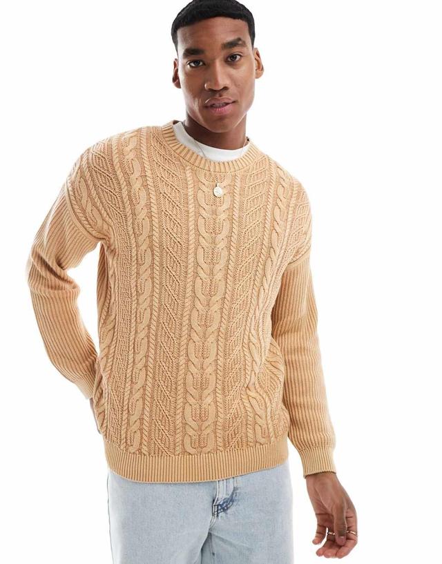 ASOS DESIGN knit washed relaxed cable sweater in stone  Product Image