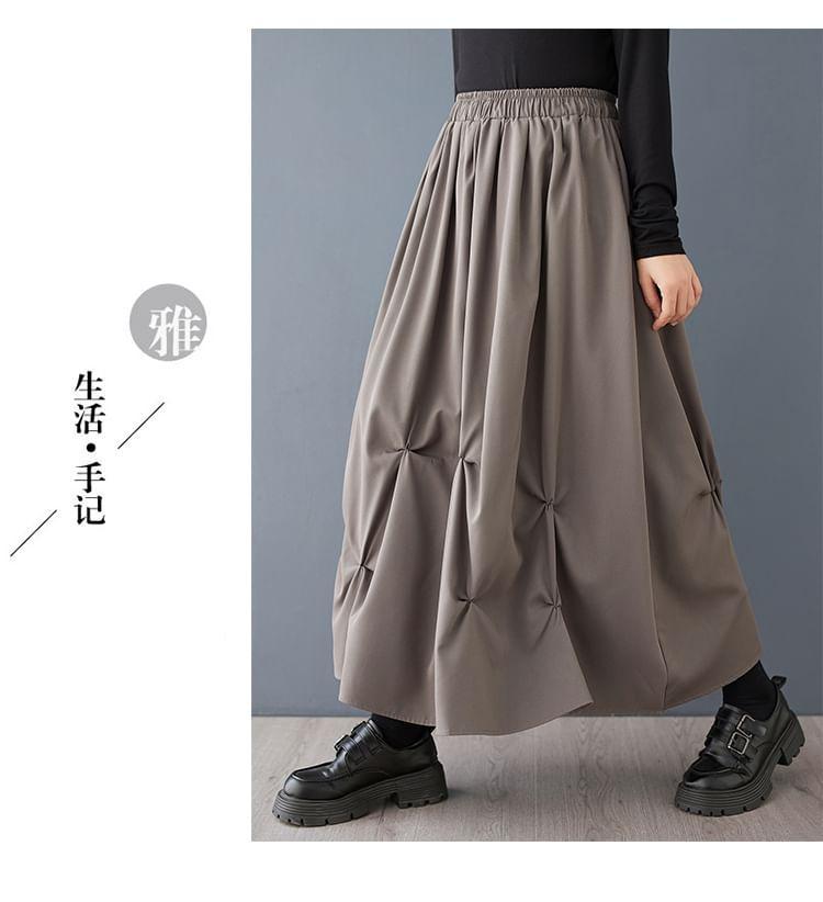 Elastic Waist Plain Asymmetrical Ruched Midi A-Line Skirt Product Image