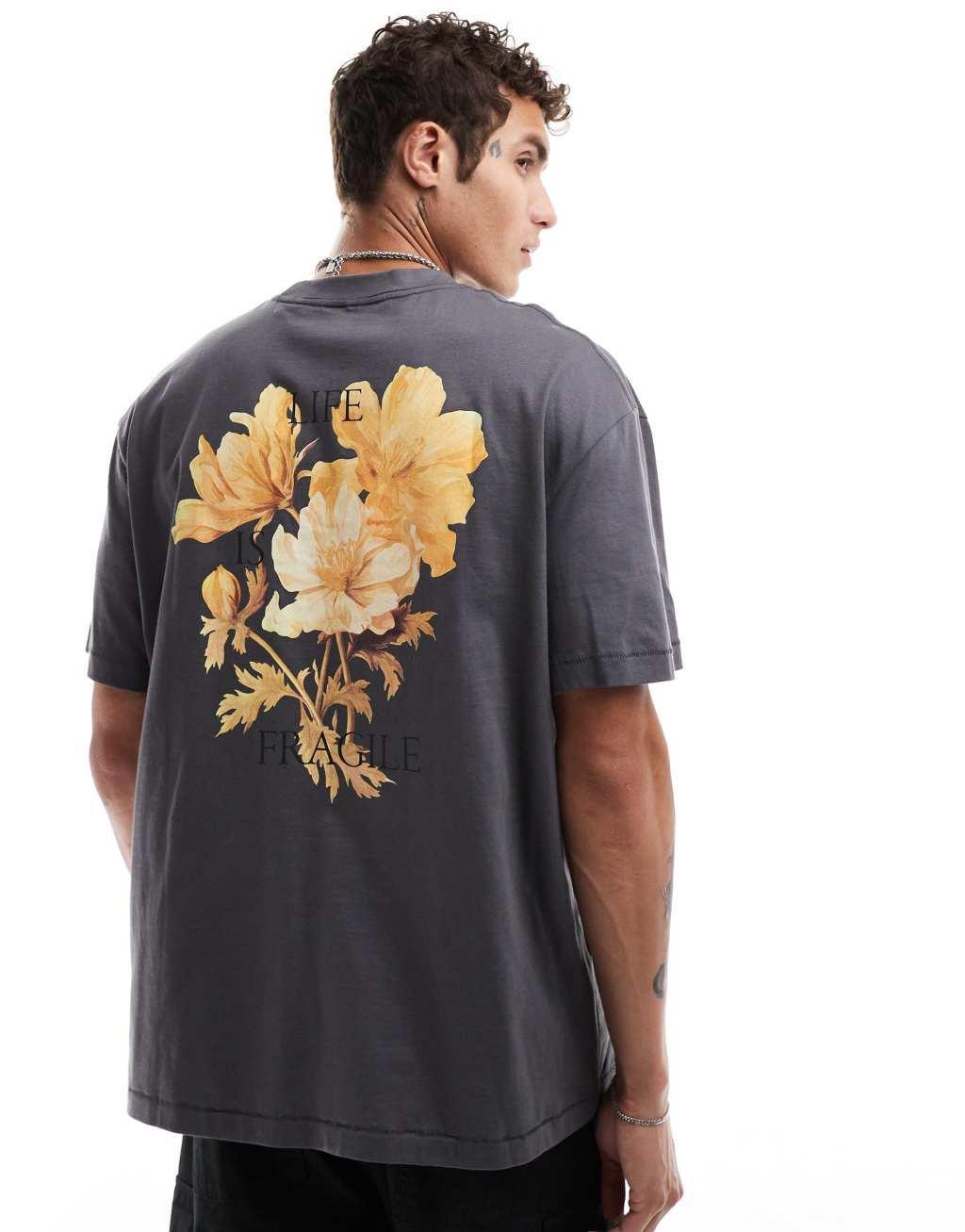 ONLY & SONS oversized T-shirt with floral back print in dark gray Product Image