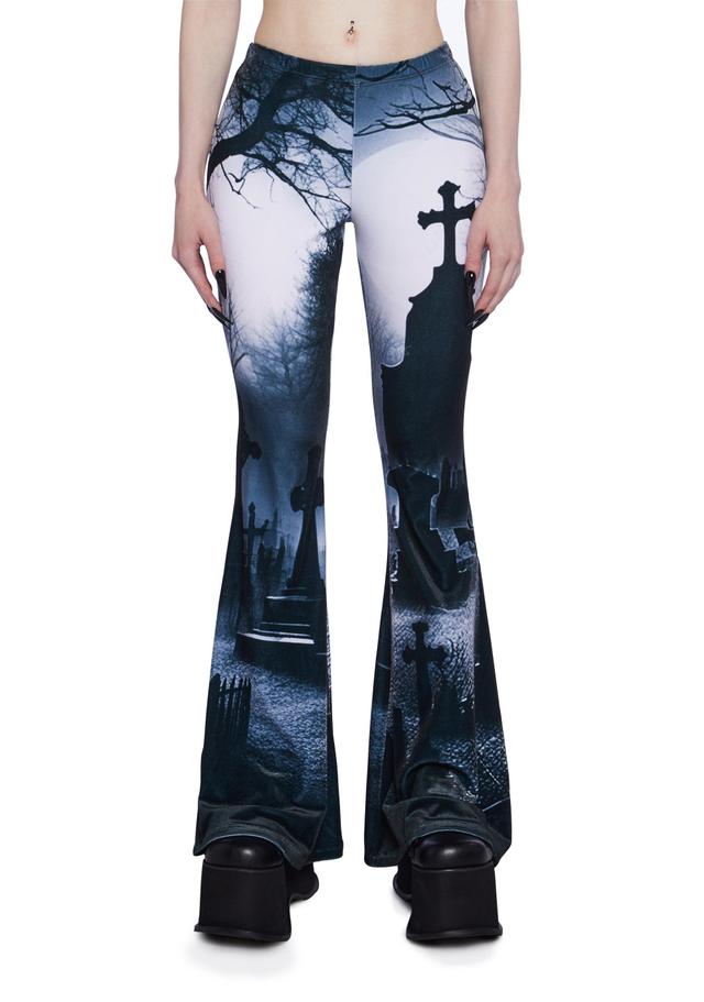 Sexy Womans Halloween Costume Spooky Velvet Graveyard Graphic Flare Leg Pants - Black Product Image