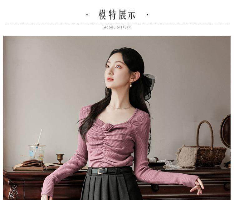 Long-Sleeve Scoop Neck Plain Knit Top / High Waist Midi A-Line Skirt / Set Product Image