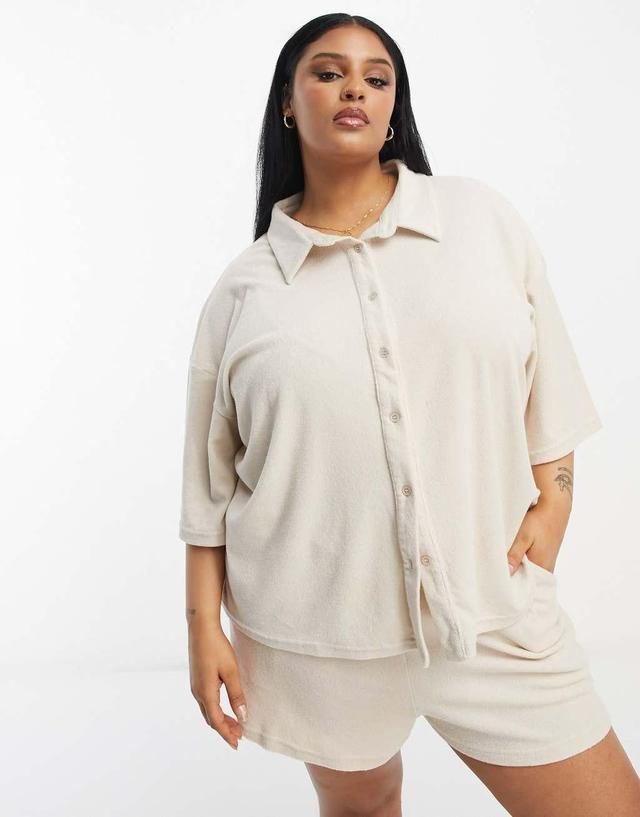 In The Style Plus towelling oversized beach shirt in cream - part of a set Product Image