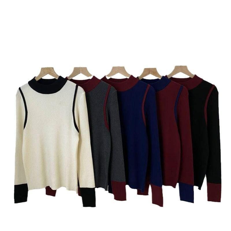 Long-Sleeve Crewneck Two Tone Knit Top Product Image