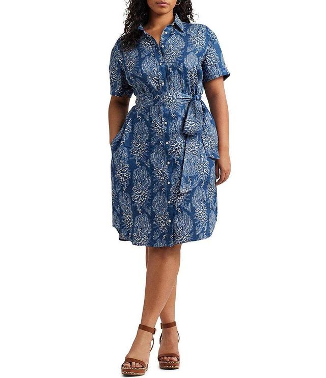 Lauren Ralph Lauren Plus Size Floral Belted Point Collar Short Sleeve Side Pocket Linen Button Front Shirt Dress Product Image