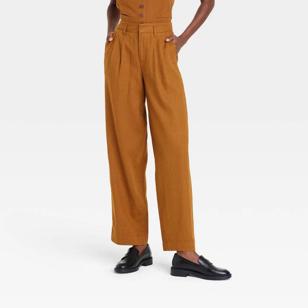 Womens High-Rise Linen Pleat Front Straight Trousers - A New Day Rust 12 Short Product Image