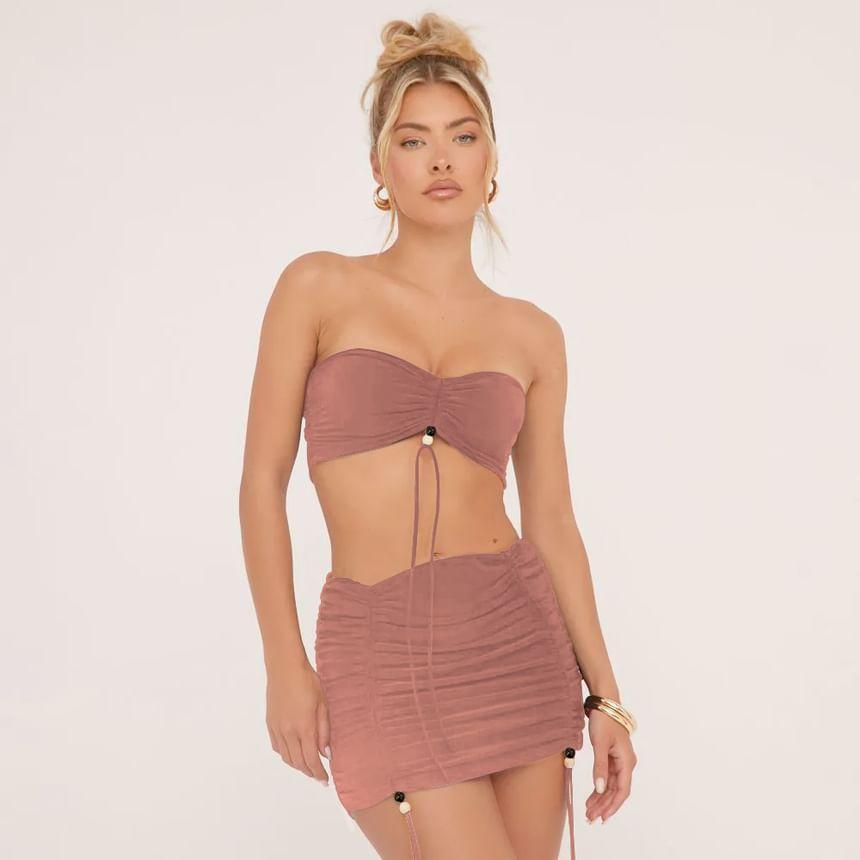 Set: Plain Drawstring Ruched Beaded Crop Tube Top + Low Waist Mini Pencil Skirt Product Image