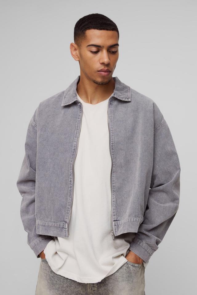 Mens Grey Boxy Acid Wash Cord Bomber Jacket, Grey Product Image