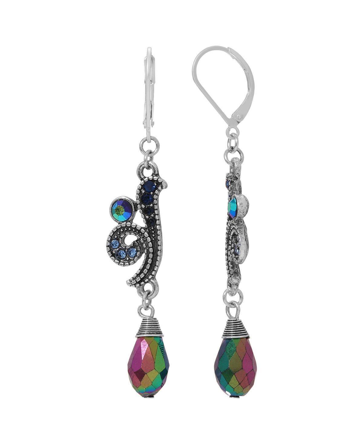 1928 Silver Tone Blue & Aurora Borealis Crystal Oxidized Art Deco Drop Earrings, Womens Product Image