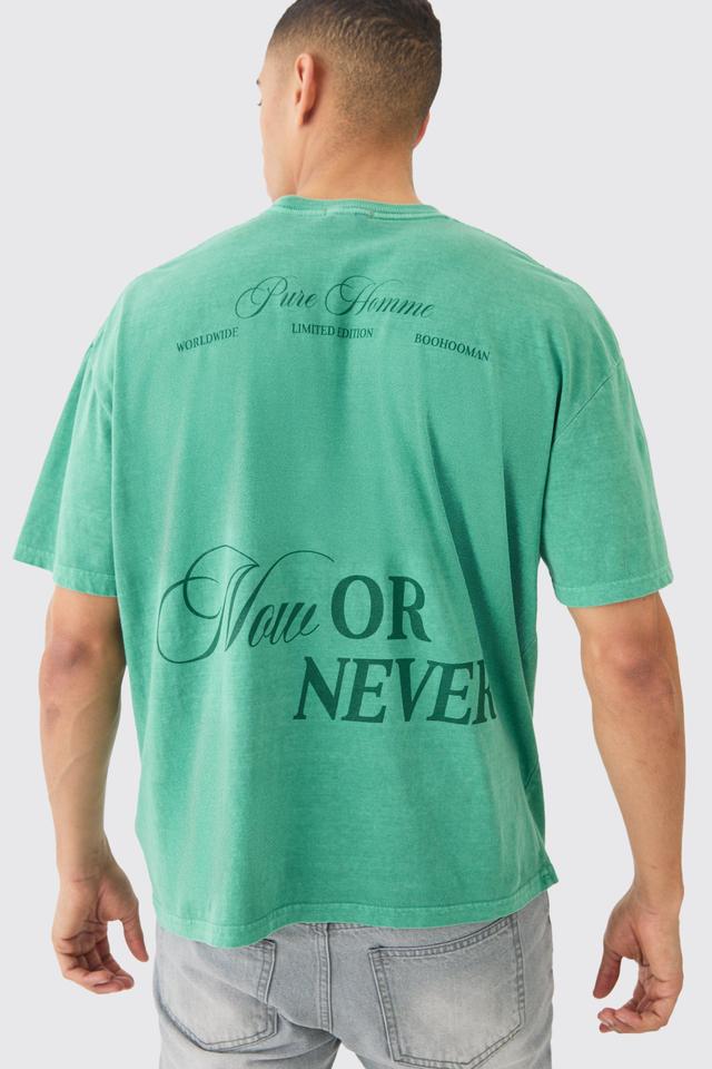 Mens Green Oversized Now Or Never Back Print Washed T-shirt, Green Product Image