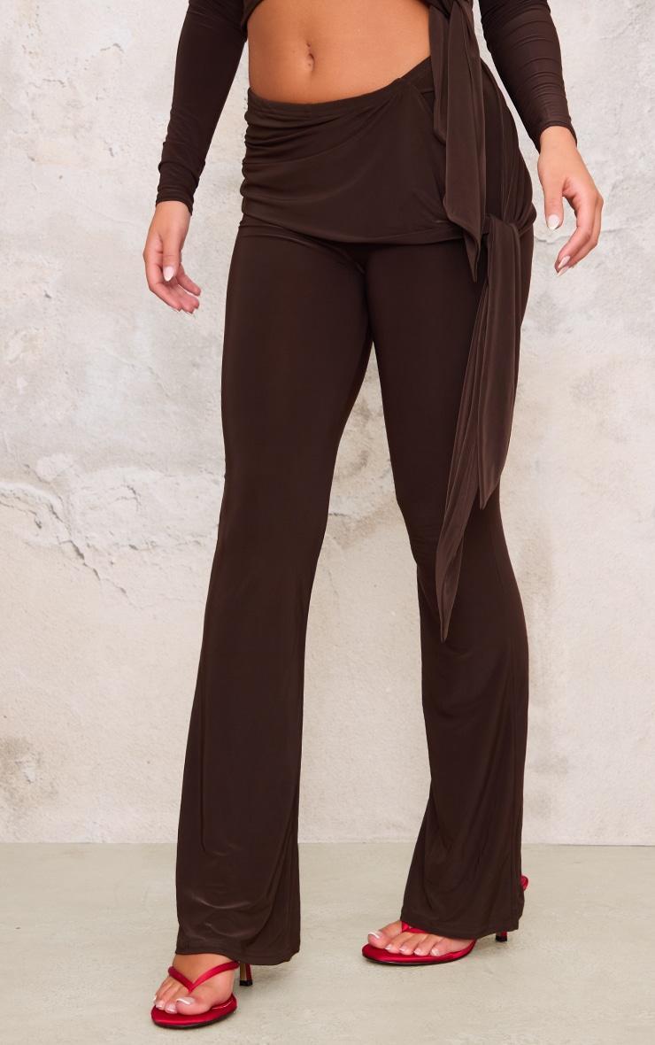 Chocolate Slinky Ruched Tie Detail Flare Trousers Product Image