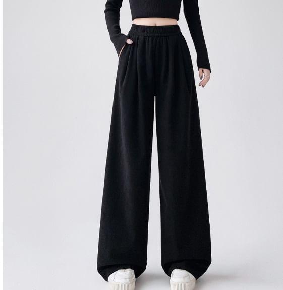 High Waist Plain Corduroy Wide Leg Pants Product Image