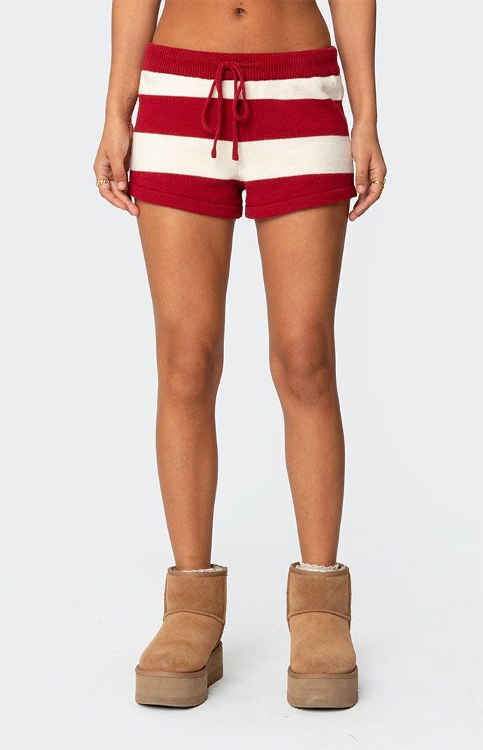 Edikted Women's Riley Striped Knit Shorts in Burgundy/White - Product Image