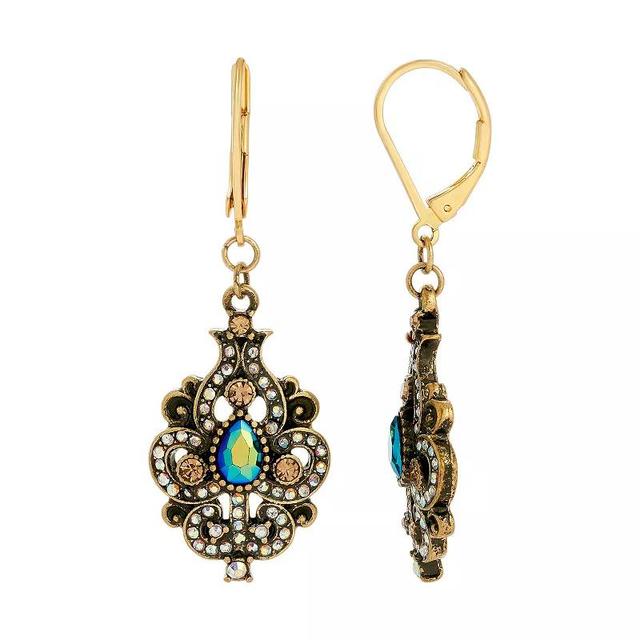 1928 Antiqued Gold Tone Aurora Borealis Simulated Crystal Ornate Earrings, Womens, Multi Product Image