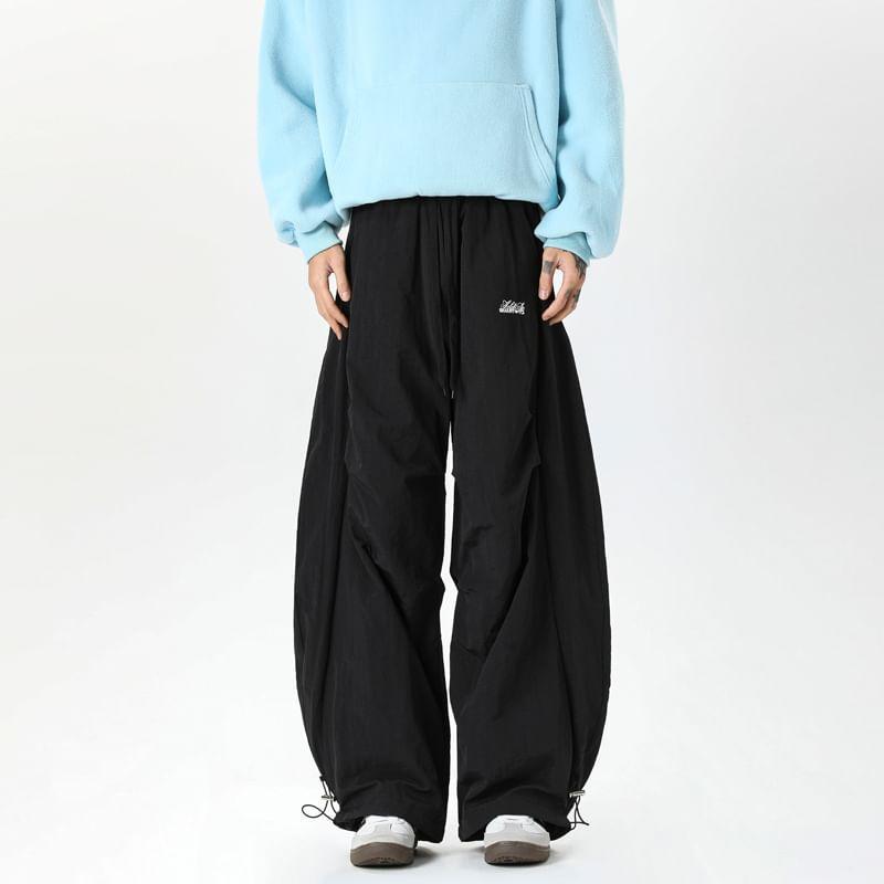 Drawstring Waist Plain Ruched Wide Leg Cargo Pants Product Image